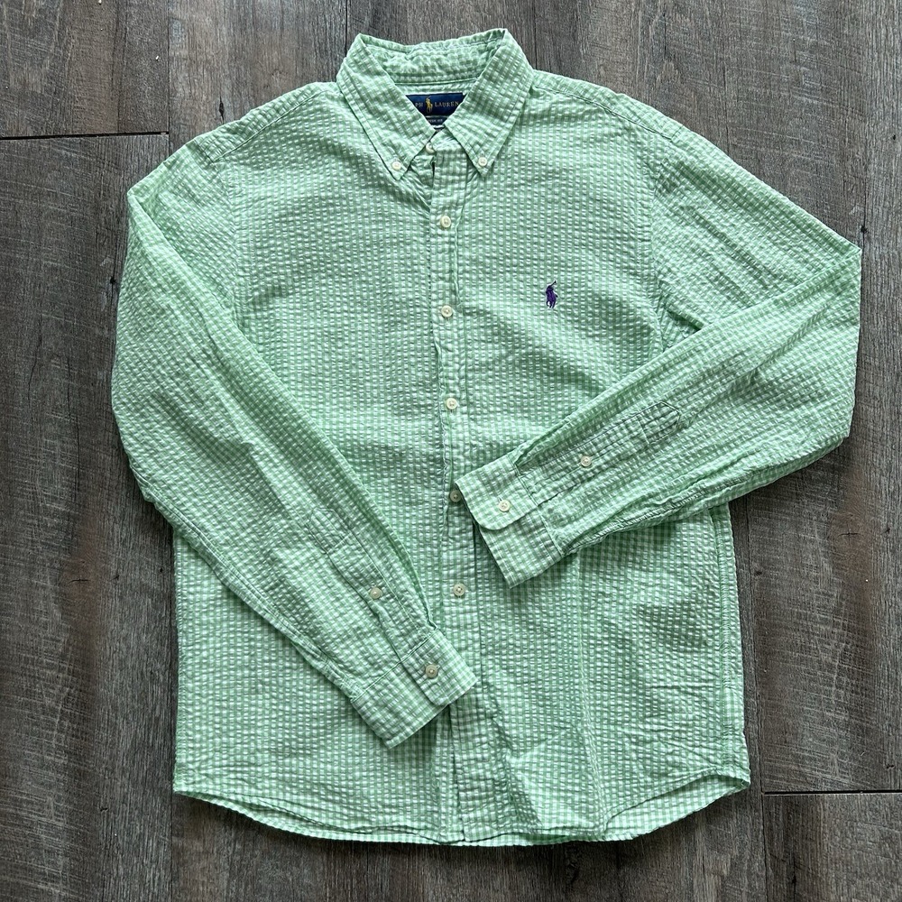Ralph Lauren Mens Medium Classic Fit Green Gingham Seersucker Button Down Shirt - Picture 2 of 7